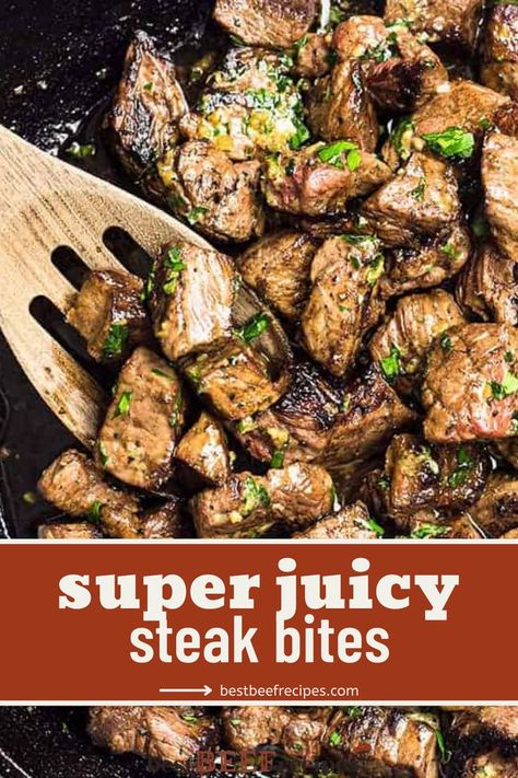 Juicy steak cut into bites and covered in garlic butter. Sirloin Steak Tips, Juicy Steak Bites, Garlic Steak Bites, Sauteed Steak, Ways To Cook Steak, Healthy Steak, Garlic Butter Steak Bites, Balsamic Steak, Butter Steak Bites