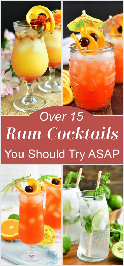 Collage of rum cocktails Rum Pitcher Cocktails, Summer Time Drinks Alcohol, Rum Sunset Cocktail, Funny Mixed Drinks, Specialty Alcoholic Drinks, Tropical Drinks Recipes Alcohol Easy, Vodka Rum Drinks, Rum Brunch Cocktail, Cocktail Rum Recipes