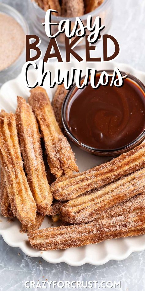 Easy Baked Churros turn out perfectly every time - bake them instead of frying - makes them easier and less greasy! Recipes For Churros, Oven Baked Churros, Churro Donut Holes, Baked Churros Recipe Easy, How To Make Churros Easy Recipe, Oven Churros, Churros Recipe Air Fryer, Filled Churros Recipe, Mexican Dessert Recipes Easy Simple