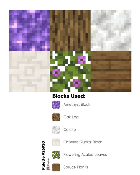 Amethyst Block Minecraft, Amethyst Color Palette Minecraft, Amethyst Ideas Minecraft, Minecraft Quartz House Ideas, White Block Palette Minecraft, Minecraft Blocks That Go Together, Minecraft Nature Bedroom Ideas, Oak Block Pallets Minecraft, Minecraft Block Palette Quartz