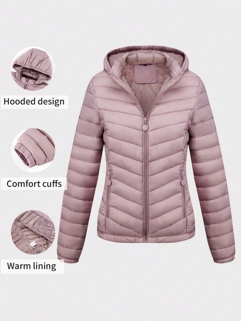 Women's Stylish And Lightweight Hooded Padded Coat With Pockets, Puffer Jacket For Autumn And Winter Baby Pink Casual  Long Sleeve Woven Fabric Plain Puffer Non-Stretch Fall/Winter Women Clothing, size features are:Bust: ,Length: ,Sleeve Length: Outerwear Women Winter, Winter Baby, Padded Coat, Baby Winter, Winter Coats Women, Hooded Coat, Inspiration Mode, Kids Sleepwear, Outerwear Women