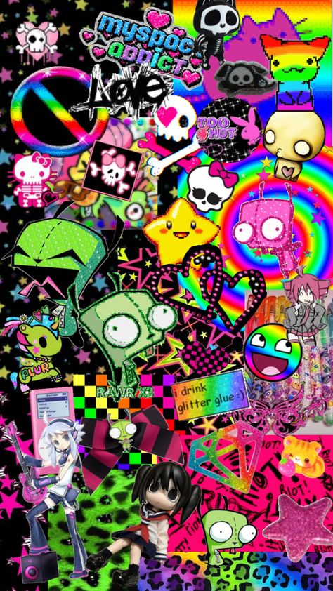 #emo #scene #hellokitty #invaderzim #myspace Scene Kid Wallpaper, Scene Emo Wallpaper, Scenecore Wallpaper, Scene Core Wallpaper, Scene Kid Art, Uicideboy Wallpaper, Scenecore Art, Scene Wallpaper, Scene Core