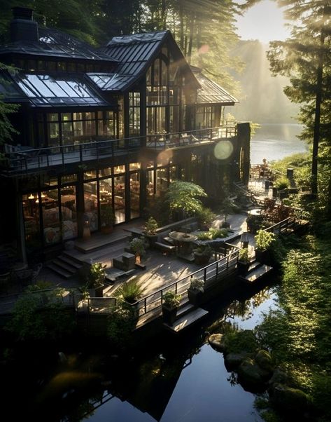 Cabins In The Woods Near Water, Nature Mansion Aesthetic, Houses Near Lake, Dark House In Woods, Large House In The Woods, House Next To River, Modern Woodsy Home Exterior, Washington Forest House, Cool House Outside