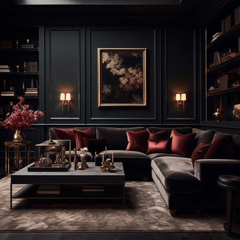 Dark Academia Living Room, Dark Living Room Ideas, Dark Academia Interior, Moody Living Room, Dark Living Rooms, Dark Home Decor, Dark Home, Deco Originale, Dark Walls