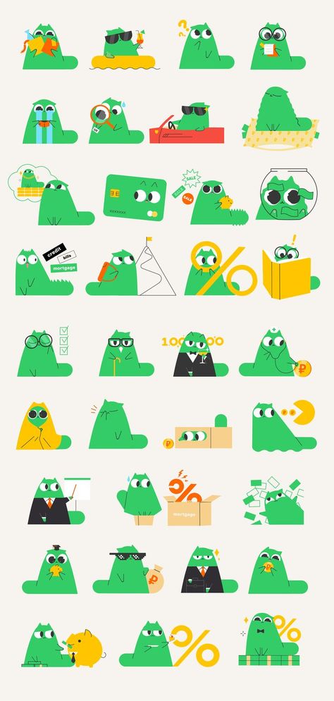 Loppy cat. Character for financial education. Flat illustration, funny, cute green cat. Many poses and emotions. Animation Character Design, Green Branding, Membentuk Alis, Illustration Funny, Lab Logo, Green Characters, Chibi Cat, Animation Character, Green Cat