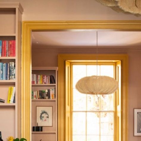 Yellow Window Trim, Atelier Ellis Paint, Yellow Woodwork, Colorful Moldings And Trim, Yellow Window Frame, Mustard Yellow Hallway, Colourful Doors, Yellow And Pink Interior, Yellow Skirting Boards