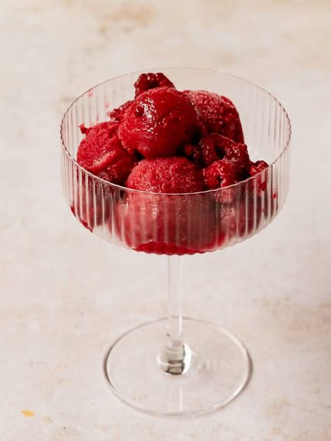 Raspberry Sorbet - Olives + Thyme Strawberries And Sugar, Homemade Sorbet, Nutrition And Mental Health, Frozen Raspberries, Strawberry Sorbet, Ice Cream Makers, Raspberry Syrup, Raspberry Seeds, Raspberry Sorbet