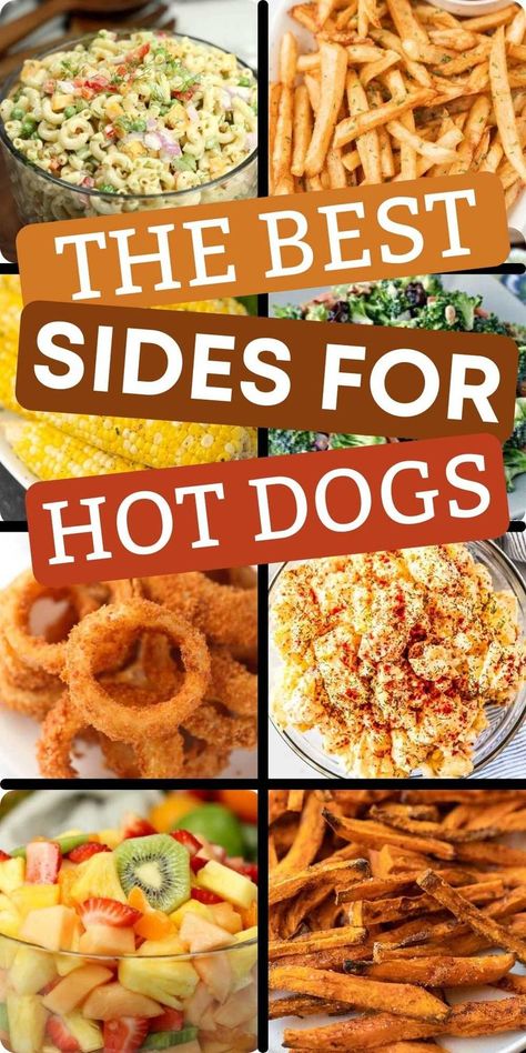 What to serve with hot dogs besides just regular potato chips. Here are 29 of the Best Side dishes for Hot Dogs that are easy to make. These are the best side dishes to serve at a party or for a dinner too! #eatingonadime #hotdogs #sidedishes #sidedishrecipes Essen, Hot Dog For Dinner, What To Eat With Hot Dogs Sides, Side For Burgers And Hot Dogs, Sides For Hot Dogs Dishes, What To Serve With Hot Dogs Dinners, Hotdogs Side Dishes, Side Dish For Hot Dogs Ideas, Chili Dogs Sides