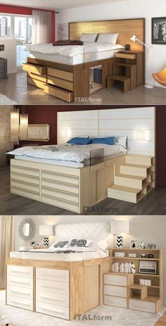 Diy Storage Bed, Space Saving Furniture Bedroom, Space Saving Bedroom, High Bed, Storage Beds, Diy Furniture Cheap, Space Saving Beds, Bed Frame Design, High Beds