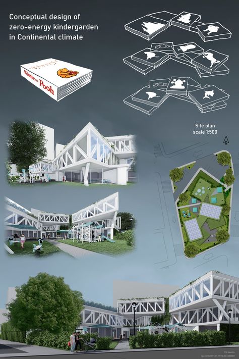 Zero- energy kindergarden | 3D Modeling Project Modular Architecture Concept Ideas, Sustainable Design Architecture, Shelter Architecture, Form Architecture, Urban Design Competition, Zero Energy, Architecture People, Architecture Concept Diagram, Architecture Design Sketch