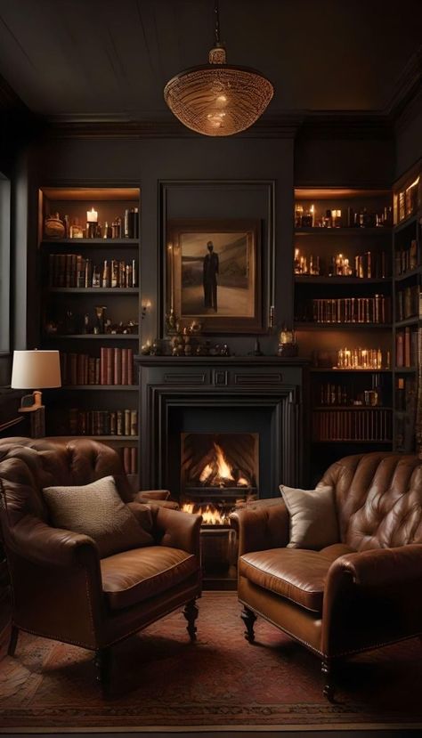 Masculine Centerpieces, Dark Academia Interior, Masculine Bathroom, Moody Living Room, Black Interior Design, Ideas For Decorating, Home Library Design, Design Salon, Interior Design Concepts