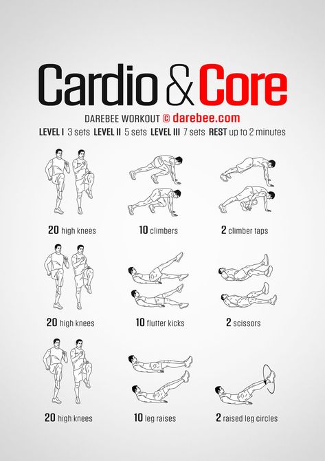 Cardio & Core Workout Darebee Workout, Core Workout Gym, Beginners Cardio, Workout Man, Cardio At Home, Abs Workout Video, Cardio Workout At Home, Gym Workout Chart, Gym Cardio