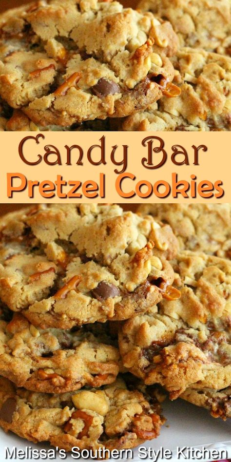 Candy Bar Pretzel Cookies - melissassouthernstylekitchen.com Candy Bar Pretzel Cookies, Cookies Pretzel, Loaded Cookies, Dessert Squares, Bbq Desserts, Pretzel Cookies, What Is For Dinner, 2024 Recipes, Baking 101