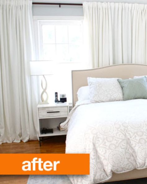 Before & After: Disguising Offset Windows Behind a Bed | Apartment Therapy Window Off Center Behind Bed, Curtains For Off Centered Windows, Off Centered Window Behind Bed Bedroom, Off Center Windows Behind Bed, Offset Window In Bedroom, Window Not Centered Behind Bed, Uncentered Window Behind Bed, Bed Overlapping Window, Drapes Behind Headboard