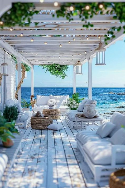 Beach Deck Ideas Outdoor, White Pool Deck, Dream Terrace, Beautiful Pergola, Backyard Beach, Dream Beach Houses, Patio Inspiration, Patio Garden Design, Coastal Gardens