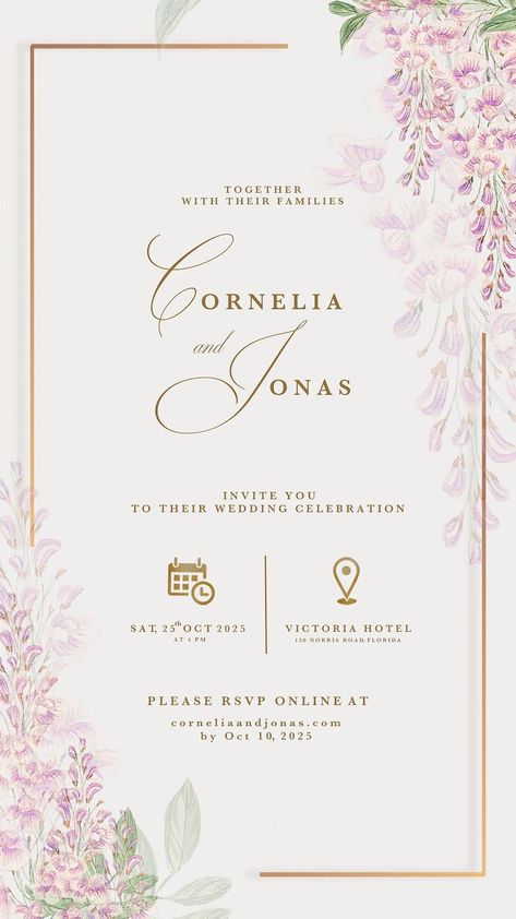 Premium PSD | Digital wedding invitation with pink hyacinths Wedding Cards Images, Cartoon Wedding Invitations, Digital Wedding Invitations Templates, Engagement Invitation Cards, Wedding Card Frames, Digital Invitations Wedding, Floral Cards Design, Wedding Invitation Card Design, Digital Wedding Invitations