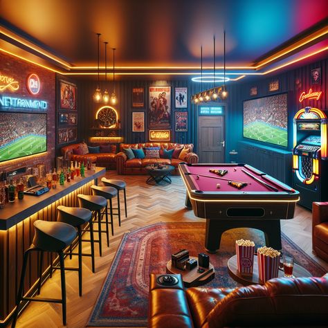 Experience ultimate leisure in a vibrant man cave, complete with neon lights, gaming gear, vintage jukebox, mini home theatre and a well-stocked bar. Game nights, sports and movies shine in this fun-filled sanctuary. #ManCave #HomeTheater #GamingRoom #SportsBar #EntertainmentRoom #GameNight Ultimate Basement Game Room, Garage Billiard Room Ideas, Retro Man Cave Ideas, Fun Game Room Ideas Basements, Classy Games Room, Movie Man Cave, Arcade Room In House Modern, Home Dive Bar, Basement Remodel Game Room