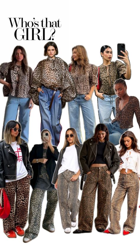 Wide legs jeans, shirt, shoes, black jacket, adidas, pants Animal Print Shirt Outfit, Print Jeans Outfit, Leopard Jeans Outfit, Printed Shirt Outfit, Trends Aesthetic, Jeans Styling, Leopard Outfits, Animal Print Jeans, Leopard Jeans