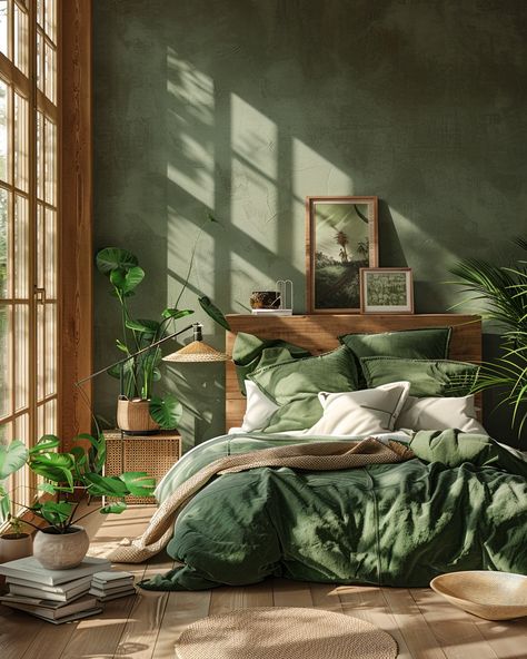 Interior Design Green Bedroom, Forest Green Minimalist Bedroom, One Wall Green Bedroom, Green House Aesthetic Bedroom, Army Green Room Ideas, Soft Green Room Aesthetic, Green Sheets Bedding Ideas, Emerald Green Bedroom Inspiration, Room Color Ideas Green