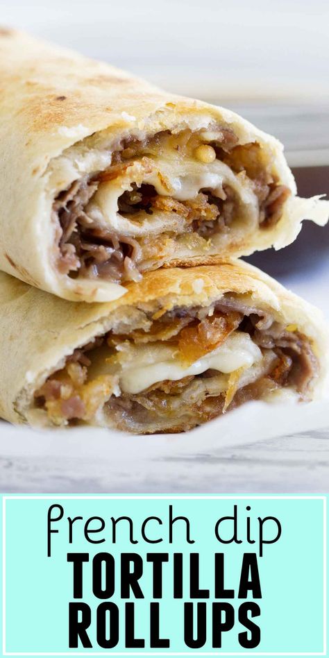 Fast and easy – these French Dip Tortilla Roll Ups have all the flavors of a French Dip Sandwich, but rolled up into a tortilla instead! These are perfect for those weeknight dinners when you need to get something tasty on the table quickly. Tortilla Rolls, French Roll, Easy Summer Dinners, Cheesecake Dip, French Dip Sandwich, Roll Ups Tortilla, Diner Recept, French Dip, Roll Ups