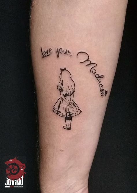 Love Your Madness Tattoo, Alice Tattoos Wonderland, Unique Creepy Tattoos, Alice In Wonderland Patchwork Tattoo, Alice In Wonderland Tattoo Thigh, Alice In Wonderland Quotes Tattoo, Alive In Wonderland Tattoos, Queen Of Hearts Tattoo Alice In Wonderland, Alice Tattoo Wonderland