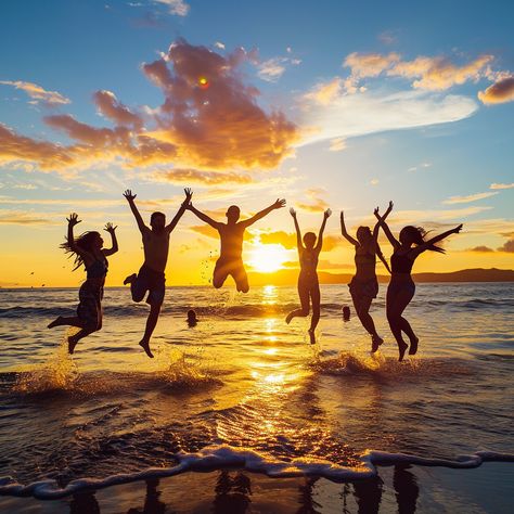 "Joyful Beach Sunset: A group of friends jumps high against a stunning #sunset backdrop on a sandy #beach. #friendship #happiness #jumping #aiart #aiphoto #stockcake ⬇️ Download and 📝 Prompt 👉 https://stockcake.com/i/joyful-beach-sunset_144783_18556" Beach Pose With Friends, Beach Photo Ideas For Friends, Group Beach Pictures Friends, Friends Group Aesthetic, Beach Friends Aesthetic, Friends Beach Pictures, Beach Sunset Images, Side Poses, Moon Manifestation