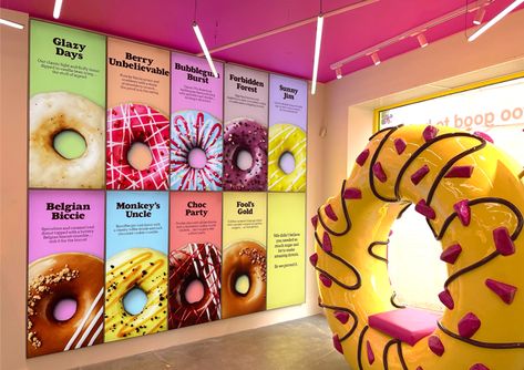 Biles Hendry “capitalises on indulgence” for healthy donut branding | Design Week Donuts Store Design, Donut Interior Design, Sweet Store Design, Donut Booth Design, Donut Package Design, Donut Shop Decor, Donut Cafe Design, Doughnut Shop Interior Design, Donuts Design Ideas