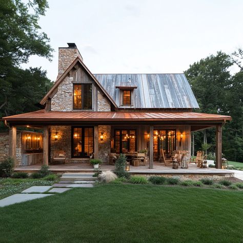 Cabin goals! This stunning stone and timber home is the perfect blend of rustic charm and modern elegance. 🌲✨ #dreamhome #cabinlife #architecture #interiordesign #stonehouse #timberhome #luxuryliving #homegoals Log And Stone Homes, Log Cabin Home Exteriors, Country Cabin Exterior, Ranch Houses With Porches, Rustic Cabin Exterior Ideas, Stone And Timber House, Cabin Style Home Exterior, Rustic Homes Exterior, Lodge House Exterior