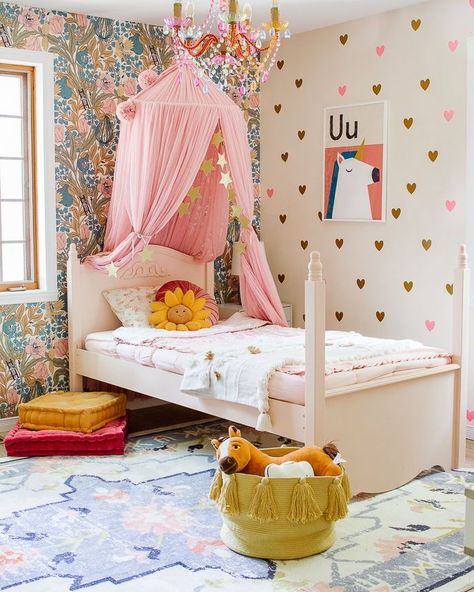 Rainbow Themed Room, Magical Bedroom, Sister Room, Daisy Pillows, Unicorn Bedroom, Ikea Wardrobe, Country Chic Paint, Bedroom Reveal, Old Beds