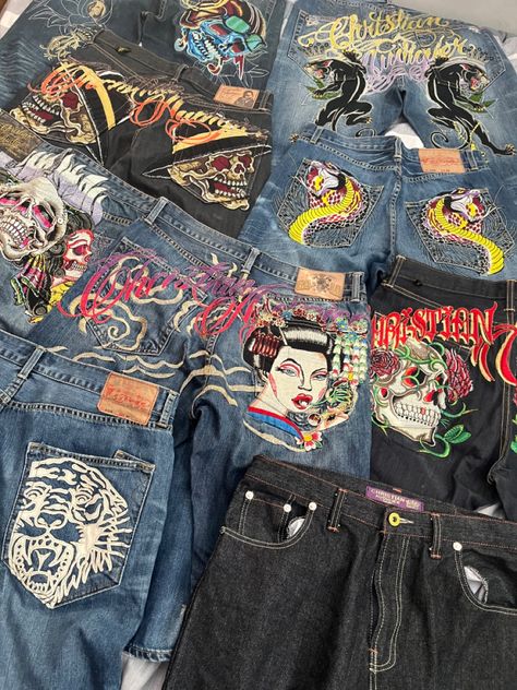 Ed Hardy Jeans Y2k, Jeans With Graphics, Ed Hardy Christian Audigier, Christian Audigier Outfit, Ed Hardy Jeans Aesthetic, Y2k Jeans Design, Ed Hardy Clothing, Christian Audigier Jeans, Ed Hardy Fits