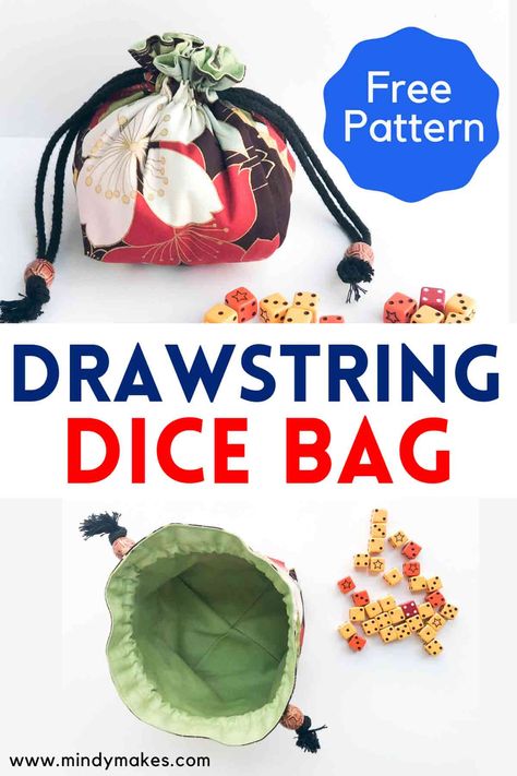 How to Make a Flat, Square Bottom Drawstring Dice Bag (Free Pattern) - MindyMakes Dnd Dice Pouch Diy, Dice Bag Pattern Sewing Free, Dnd Sewing Projects, Flat Bottom Drawstring Bag, Dice Bag Pattern Sewing, Dice Bag Sewing Pattern, Diy Drawstring Pouch, Diy Dice Bag, Drawstring Pouch Pattern