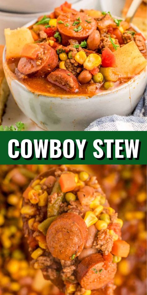 With meats, vegetables, beans and more - this Cowboy Stew is hearty, filling and an absolute family favorite. Crock Pot Cowboy Stew, Easy Cowboy Stew, Southern Style Cowboy Stew, Crockpot Cowboy Stew, Cowboy Stew Crockpot, Cowboy Stew Recipe Ground Beef, Hobo Stew Recipe, Shipwreck Stew, Hobo Stew