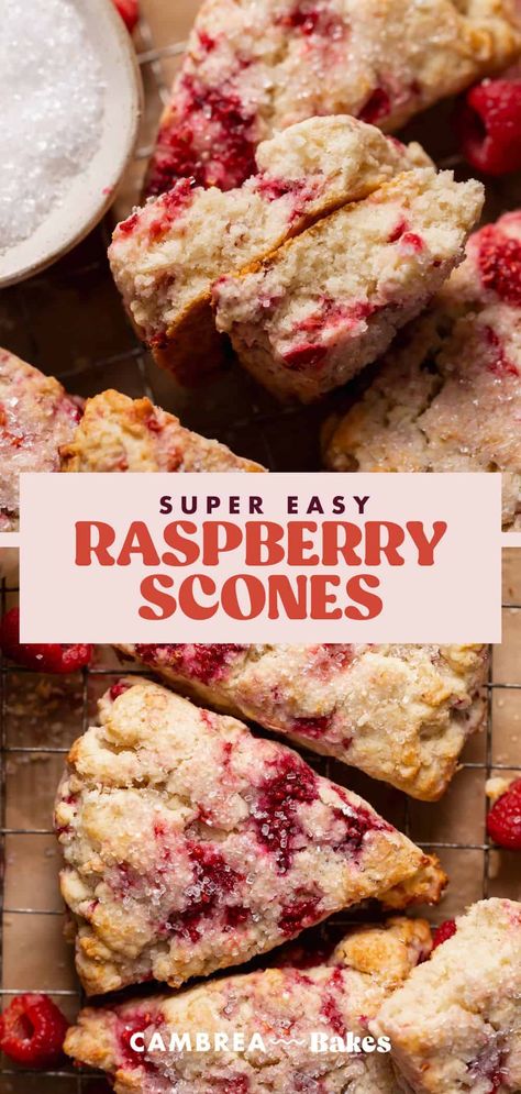 Bursting with juicy, fresh raspberries and boasting a melt-in-your-mouth texture, these raspberry scones are even better than from a bakery! With a soft, plush crumb and a slightly crunchy exterior, they are perfectly sweet and rich without being dry or chalky. Fresh Raspberry Scones, Raspberry Scones With Frozen Raspberries, Raspberry Orange Scones, Raspberry Scones Pioneer Woman, Raspberry Almond Scones, Easy Raspberry Scones, Raspberry Cream Cheese Scones, Sourdough Raspberry Scones, Dried Raspberry Recipes