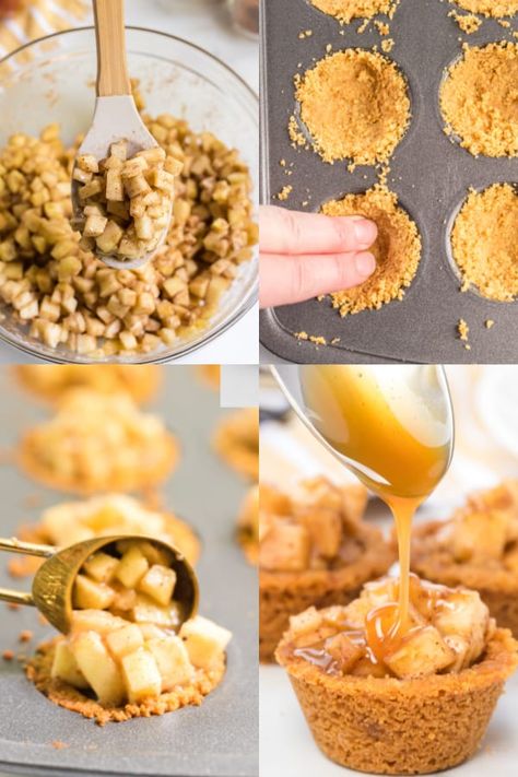 How to make caramel apple crisp bites Apple Crumble Bites, Apple Crisp Bites, Apple Crisp Pie, Crisp Recipes, Caramel Apple Crisp, Mini Caramel Apples, Fest Ideas, Popular Dessert, Apple Pie Bites