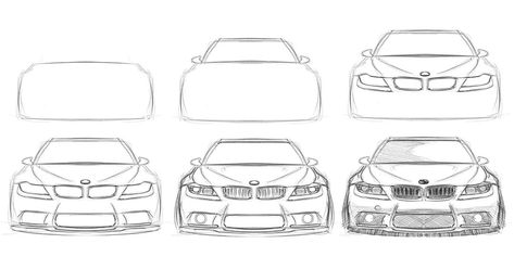 Simple Cars Drawing, Bmw Sketch Drawing, Drawing Ideas Easy Car, Cars For Drawing, Back Of Car Drawing, Bmw Cars Drawing, Small Car Drawing, Bmw Drawing Easy, Bmw M5 Drawing