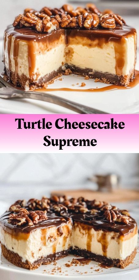 Decadent Turtle Cheesecake Delight Recipe | Creamy, Gooey, and Indulgent Indulge in the rich and luscious layers of creamy cheesecake, gooey caramel, crunchy pecans, and drizzled chocolate with this irresistible Turtle Cheesecake Delight. Perfect for impressing any crowd, this dessert is sure to be a hit. #TurtleCheesecake #CheesecakeLovers #DessertGoals #BakingFun #HomeBaking #SweetIndulgence #PecanDelight #CaramelLovers #ChocolateDream :cake::turtle::chocolate_bar: Chocolate Turtle Cake Recipe, Caramel Pecan Cheesecake Recipes, Turtle Dessert, Pecan Cheesecake Recipes, Cheesecake Delight, Pecan Pie Cheesecake Recipe, Thanksgiving Cheesecake, Cheesecake Base, Turtle Cheesecake Recipes