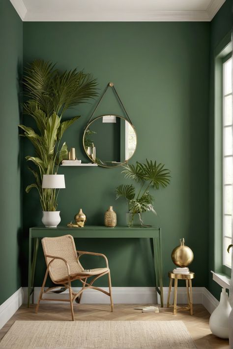 GreenDreams, Lushness, PaintColors, 2024 Green Home Paint, Jungle Green Paint Color, Green Color Living Room Ideas, Best Green Living Room Paint Color, Home Painting Colour Ideas Hall Interior, Green House Paint Interior, House Design Trends 2024, Hall Paint Design, Seafoam Green Bedroom Walls