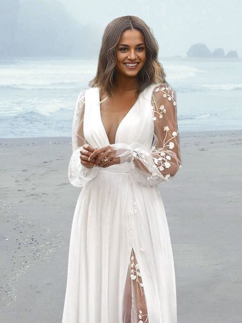 A-Line/Princess V-Neck Floor-length Wedding Dress -  #ALinePrincess #Dress #Floorlength #Vneck #Wedding Wedding Dress Neckline Guide Body Types, Low Key Wedding Dress Casual, A Line Lace Wedding Dress With Sleeves, How Renewal Dresses, Boho Summer Wedding Dress, Cheap Simple Wedding Ideas, Size 12 Bride, Plus Sized Wedding Dress, Elopment Dresses Long