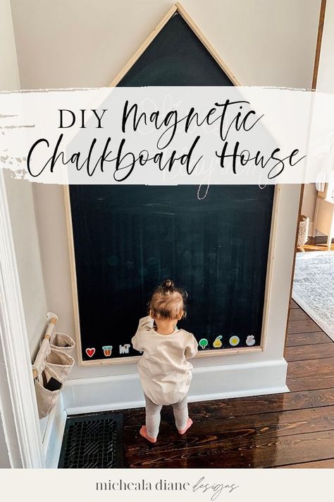 When I started designing our daughter’s playroom I came across an image of these large house-shaped chalkboards. We had the perfect spot for one and it was a great way to fill the empty space with a decorative and practical wall decor piece. This magnetic chalkboard house would be the perfect diy Christmas gift and it's so fun to make too! In this post, I am sharing a detailed step-by-step on how we created our own DIY magnetic chalkboard house and how you can too. Magnetic Playroom Board, Playroom Chalk Wall, Chalkboard Paint Playroom, Chalkboard Art Wall Kids, Home Diy Inspiration, Diy Blackboard Wall, Magnet Chalkboard Wall, How To Make A Magnetic Chalkboard, Magnetic Board For Playroom