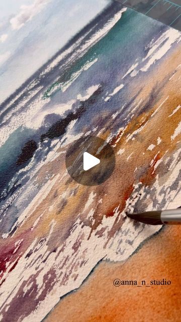 Sea Waves Watercolor, Watercolour Beach Tutorial, Watercolor Waves Tutorial, Seascape Paintings Watercolor, Watercolor Beach Tutorial, Beach Watercolor Paintings, Watercolor Beach Scenes, Watercolor Art Sea, Seascape Paintings Acrylic