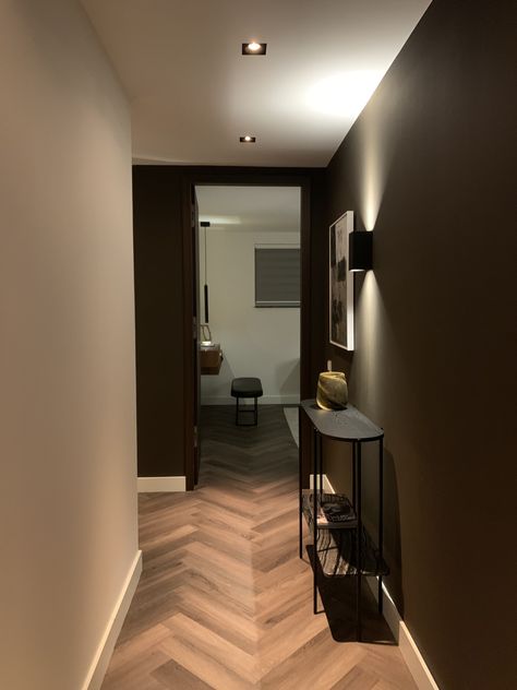 Brown Hallway Ideas, Colour Combination For Hall, Brown Hallway, Small Entrance Halls, Black Hallway, Home Wall Colour, Front Hallway, Hampton Home, Small Entrance