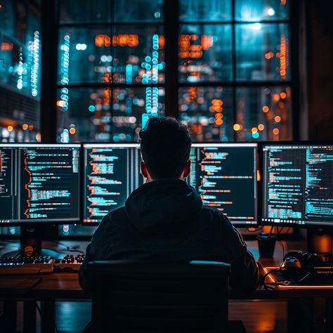 Coder at Night: A dedicated programmer working late into the night amidst a sea of glowing code on multiple monitors. #coding #programmer #technology #computers #night #cityscape #development #software #aiart #aiphoto #stockcake https://ayr.app/l/gcrD Computer Images Technology, Career Development Aesthetic, Web Developer Aesthetic, Computer Programming Wallpaper, Computer Coding Aesthetic, Coding Programming Aesthetic, Coding Aesthetic Wallpaper, Software Developer Aesthetic, Software Aesthetic