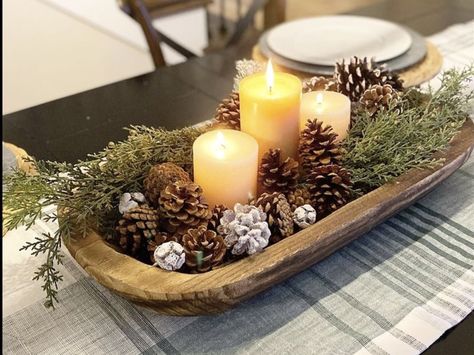 Middle Of Table Decor, Bread Dough Bowl Decor, Low Bowl Centerpiece, Rectangle Table Christmas Centerpieces, Wooden Table Centerpiece For Home, Rustic Dining Table Decor Centerpieces, Dining Room Centerpiece Christmas, Dough Bowl Winter Decor, Dough Bowl Candle Decor