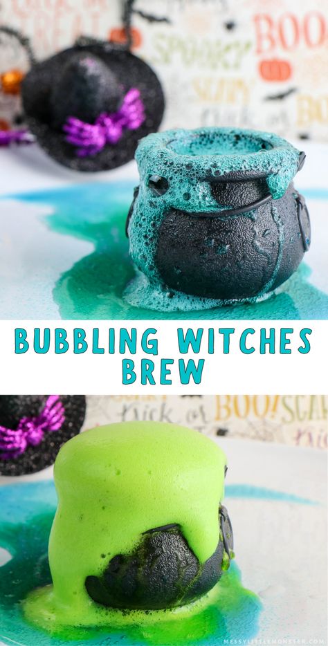 Bubbling Witches Brew Science Experiment. Baking soda and vinegar Halloween science experiment for kids Preschool Activities For Halloween, Halloween Classroom Science, Preschool Halloween Science Experiments, Preschool Daycare Activities, Witches Potions For Kids, Easy Halloween Experiments For Kids, Halloween Science Experiments For Kindergarten, Eyfs Science Experiments, Preschool Stews And Brews Free