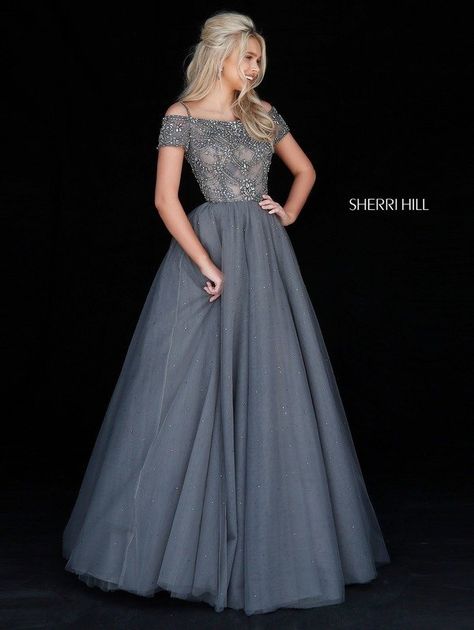 Sherri Hill Style 51450 Wedding Dress Full Skirt, Prom Sherri Hill, Sherri Hill Prom, Wedding Gowns With Sleeves, Sherri Hill Prom Dresses, Ball Gown Skirt, Sherri Hill Dresses, Grey Dress, Sherri Hill