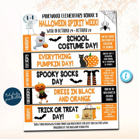 "This cute and fun daily/weekly halloween spirit week itinerary calendar is a great way for kids to show their positive halloween cheer during the fall season! You can print and send home with families and/or upload digitally to send out to families/students. WANT THE BUNDLED SET OF ALL 10 HOLIDAY/SEASONAL SPIRIT WEEK TEMPLATES? FIND IT HERE: https://www.etsy.com/listing/1514818447/school-spirit-week-bundle-set-seasonal?click_key=16c9a6bd95f1b74d7898af7b6fca5ba5bc6f6cc4%3A1514818447&click_sum=ed Preschool Halloween Spirit Week, Halloween Spirit Days For School, Spirit Week October, Spirit Week Ideas For Elementary School, Halloween Dress Up Days For School, Halloween Theme Week Ideas, Halloween Spirt Week Ideas School, Spirit Week Ideas Halloween, Halloween Spirit Week Ideas For Preschool