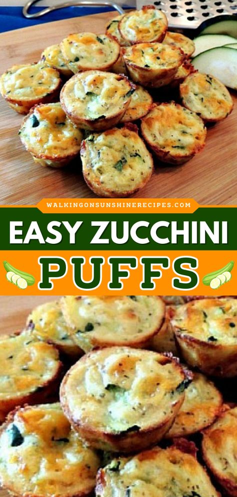 Here's a simple zucchini recipe to try! These Easy Zucchini Puffs are loaded with grated zucchini, cheddar cheese, and seasonings. They're packed with nutrients and are low in calories. Pin this delicious and low-carb zucchini recipe! Healthy Things To Make With Zucchini, Grated Zucchini Recipe, Easy Dinner Zucchini, Easy Zucchini Bake Recipes, Easy Brunch Side Dishes, Zucchini’s Recipes, Shredded Zucchini Breakfast Recipes, Zucchini And Bisquick Recipes, Zucchini Recipes Sides