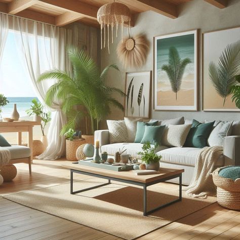 Beach Modern Coastal Living Room Mid Century Modern Coastal Interior Design, Mid Century Coastal Living Room, Coastal Bohemian Living Room Ideas, Surf Living Room, Hawaii House Interior, California Coastal Living Room, Modern Coastal Living Room Ideas, Modern Coastal Interior Design, Coastal Living Room Ideas