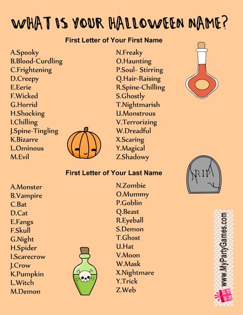 Free Printable What is your Halloween Name? Game This Or That Halloween Edition, Halloween Names For Party, Halloween Things To Do At Home, Ghost Names List, What Should I Be For Halloween, Spooky Names Ideas, What Is Your Halloween Name, Halloween Games Printable, Halloween This Or That