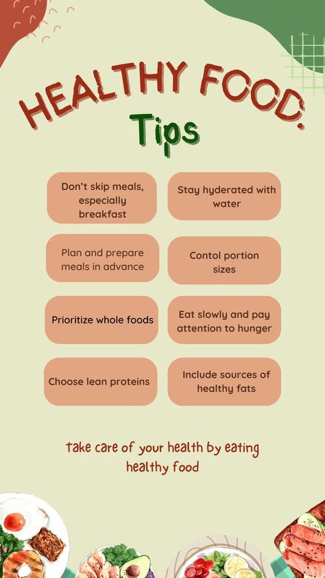 "Healthy food tips" means advice on choosing foods that are good for your body. These tips help you understand what foods to eat more of and what to eat less of to stay healthy. #Health, #Healthyfood, #Healthyeating, #Healthytips, #Goodhealth, #Healthylife, #Healthylifestyle Health Food Tips, Healthy Eating Tips And Tricks, Eating Healthy Tips, Why Eat Healthy, Tips For Eating Less, Nutrition Tips Eating Habits, Healthy Eating Hacks, Healthy Eating Chart, Healthy Eating Posters